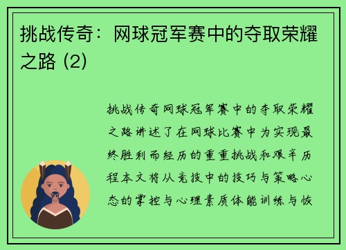 挑战传奇：网球冠军赛中的夺取荣耀之路 (2)